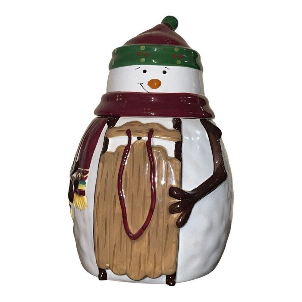 Ceramic Cookie Jar Snowman Sled Christmas Holiday Winter Hand Painted for Nonni